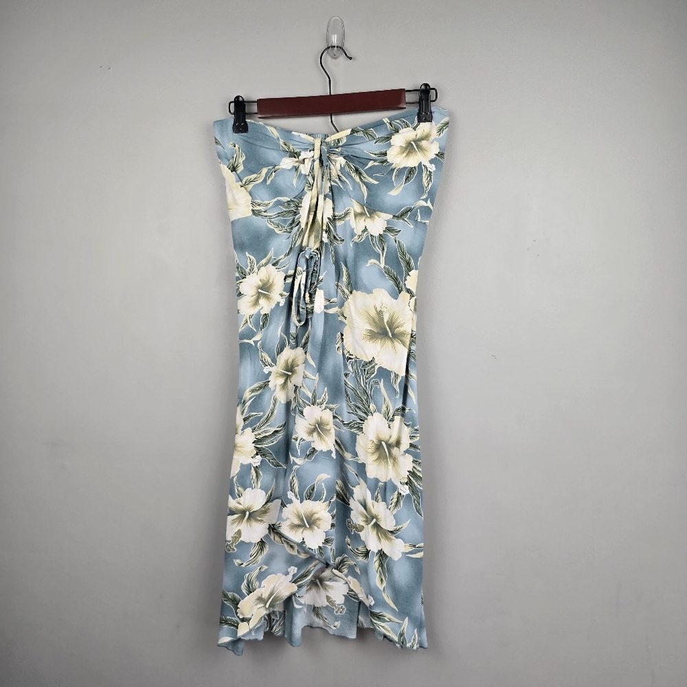HAWAII Strapless Halter Floral Tropical Dress Blue‎ Womens Size L Beachy Boho